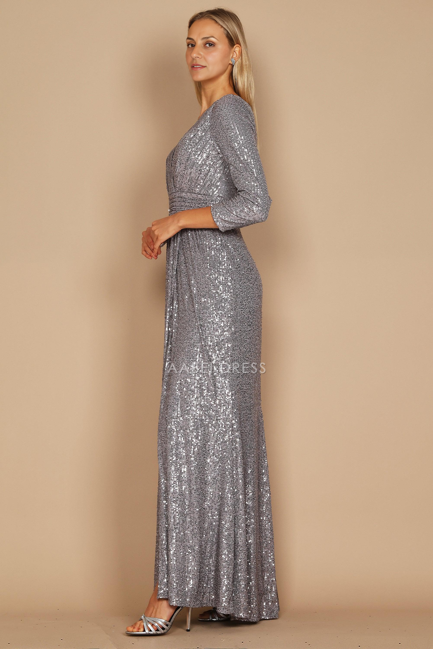 AABEI DRESS Formal Wear Dresse Elegant V-Neck Long Sleeve Side Fork Sparkle Plus Size Mother Of The Bride Dress
