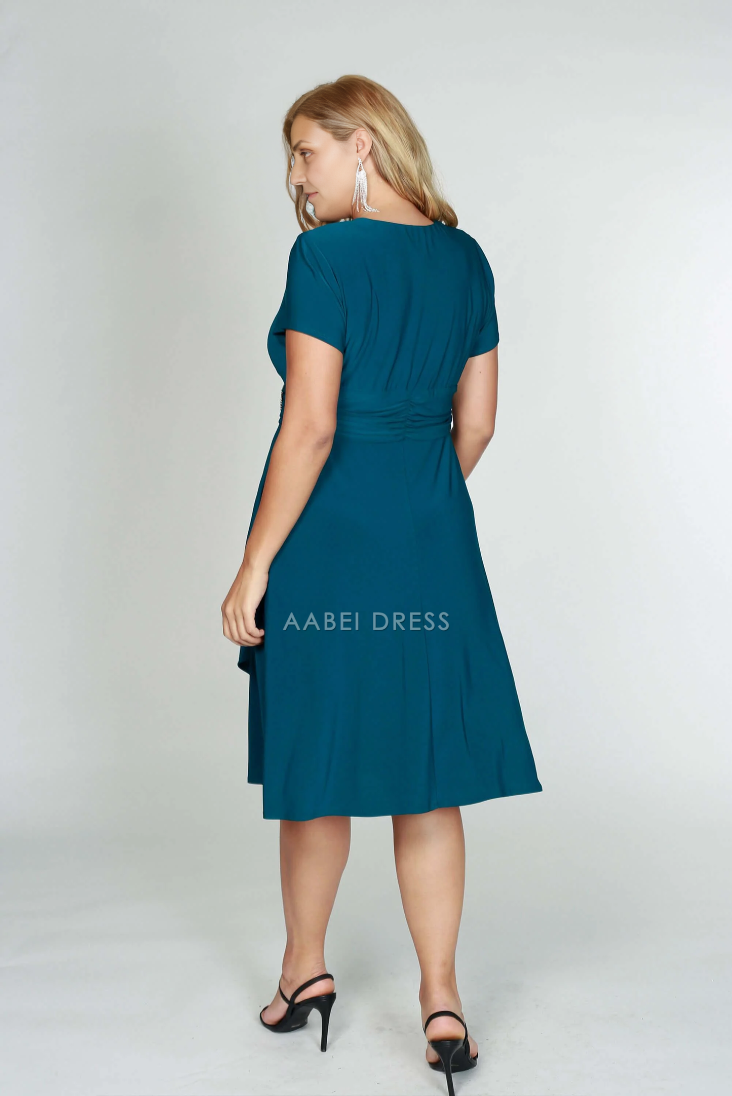 AABEI DRESS Formal Wear Dresse V Neck Short Sleeve Ruched Tea-Length Beautiful Modest Plus Size Mother Of The Bride Dress