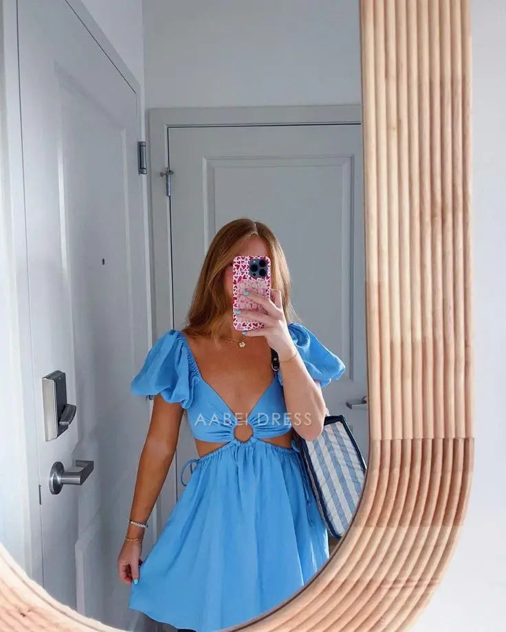 AABEI DRESS Short Party Dress Short Sleeves Waist Cut Out Backless Sexy Homecoming Dress