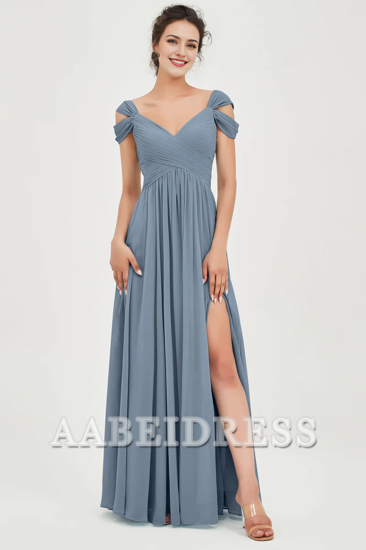 AABEI DRESS Bridesmaid Dresses Chiffon A-Line V-Neck Sleeveless Pleated Side Fork Floor-Length Elegant Dresses Wedding Guests Dresses