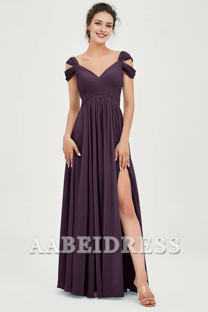 AABEI DRESS Bridesmaid Dresses Chiffon A-Line V-Neck Sleeveless Pleated Side Fork Floor-Length Elegant Dresses Wedding Guests Dresses