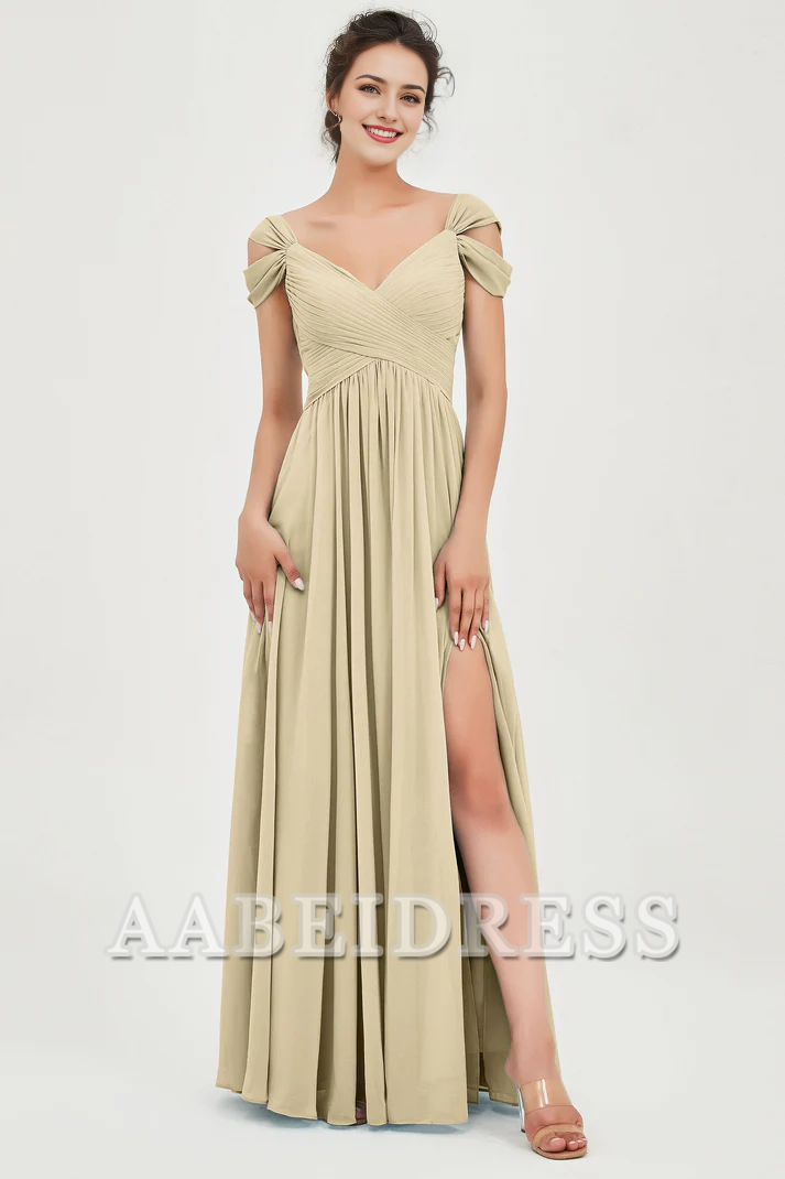 AABEI DRESS Bridesmaid Dresses Chiffon A-Line V-Neck Sleeveless Pleated Side Fork Floor-Length Elegant Dresses Wedding Guests Dresses
