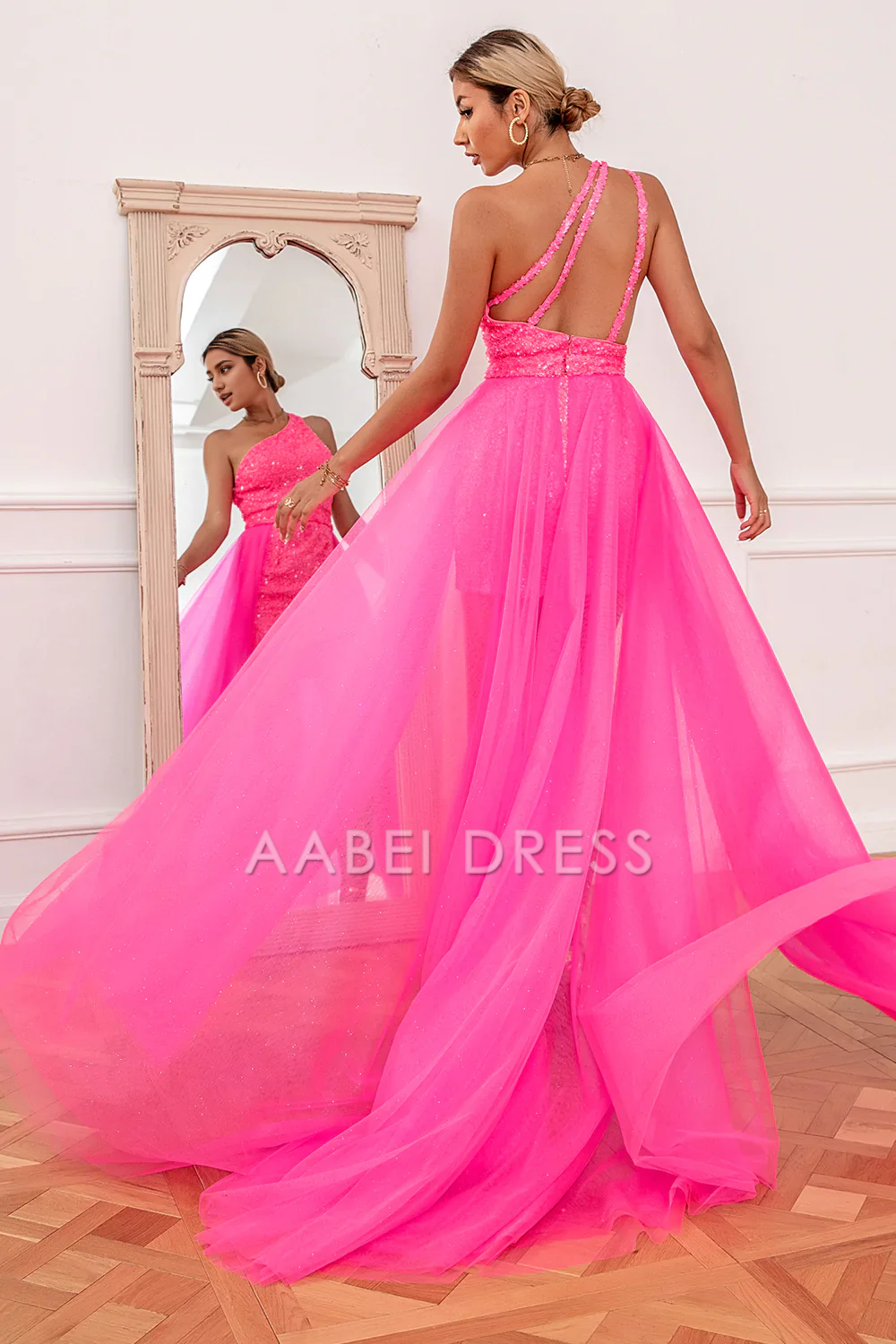 AABEI DRESS Hot Sale Prom Dress Fashion One Shoulder Sequin Backless Short Skirt Detchable Train Formal Dress