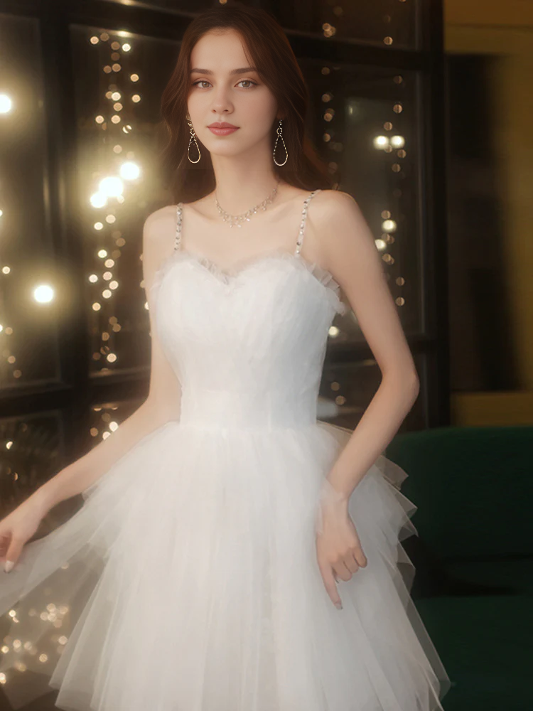 Wedding Dress Spaghetti Strap Tulle Lace Splicing Layered Formal Wear Dresses