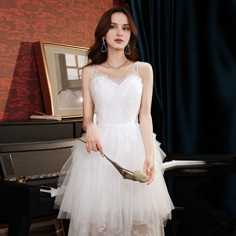 Wedding Dress Spaghetti Strap Tulle Lace Splicing Layered Formal Wear Dresses