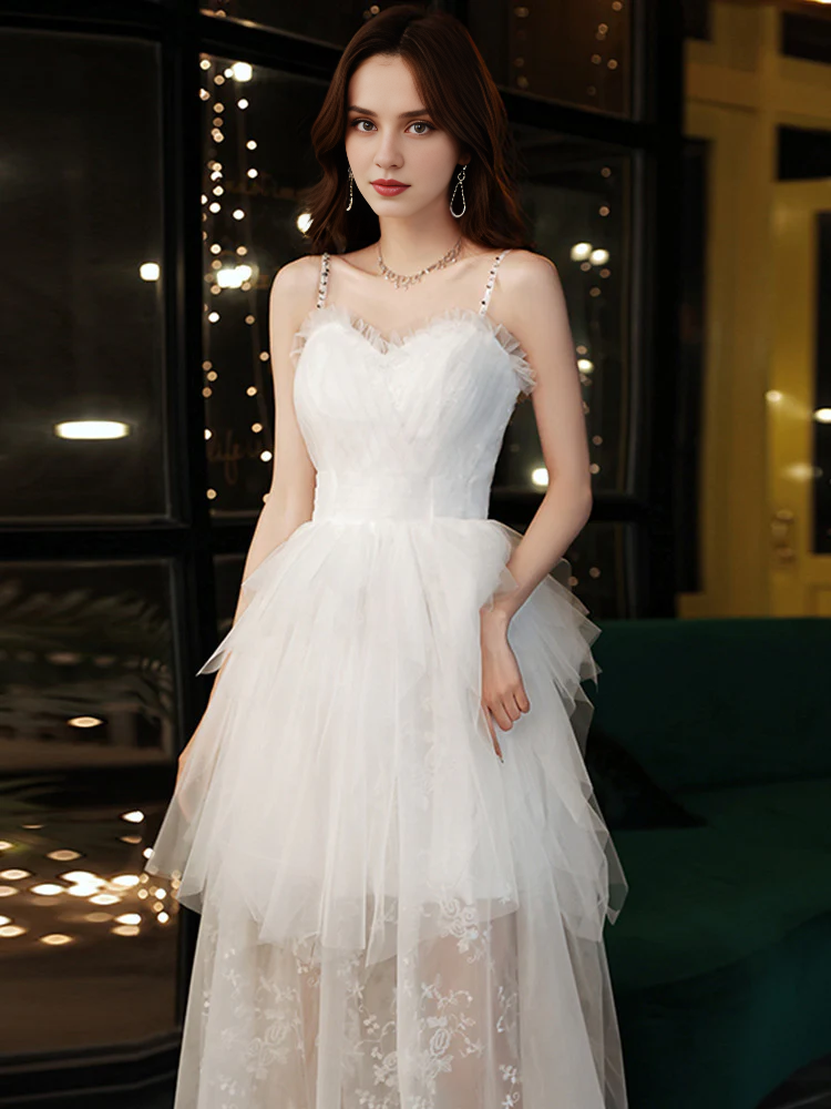 Wedding Dress Spaghetti Strap Tulle Lace Splicing Layered Formal Wear Dresses