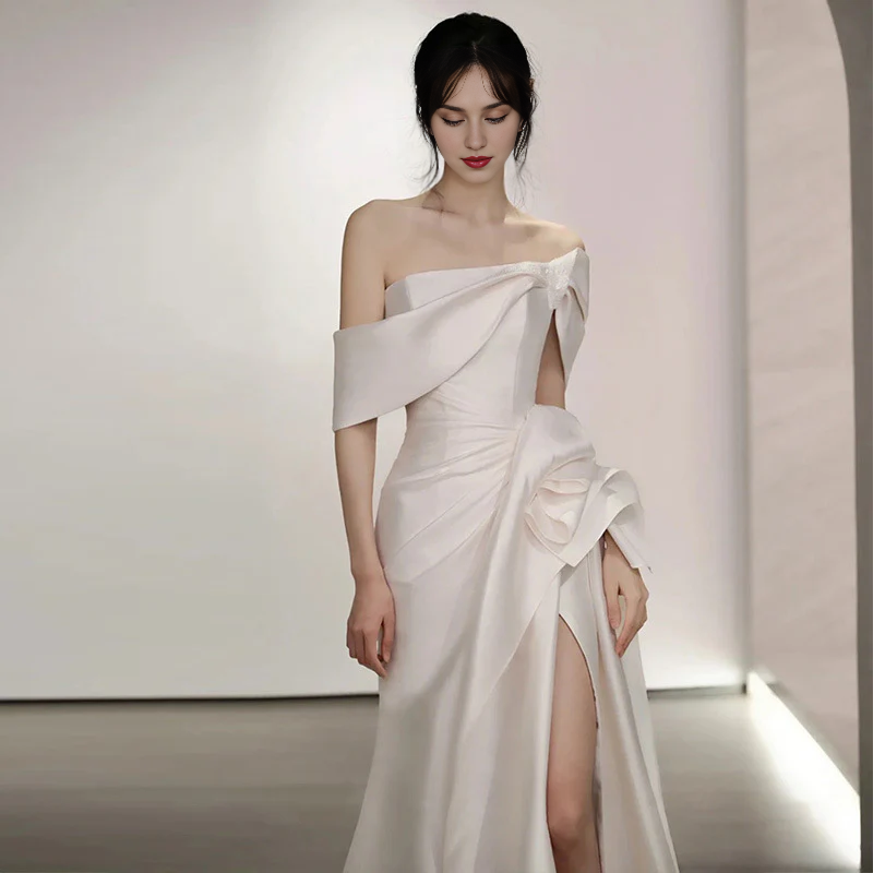 Wedding Dress Sleeveless Off Shoulder Satin Mermaid Cultivate oneself Side Fork Long Formal Wear Dresses