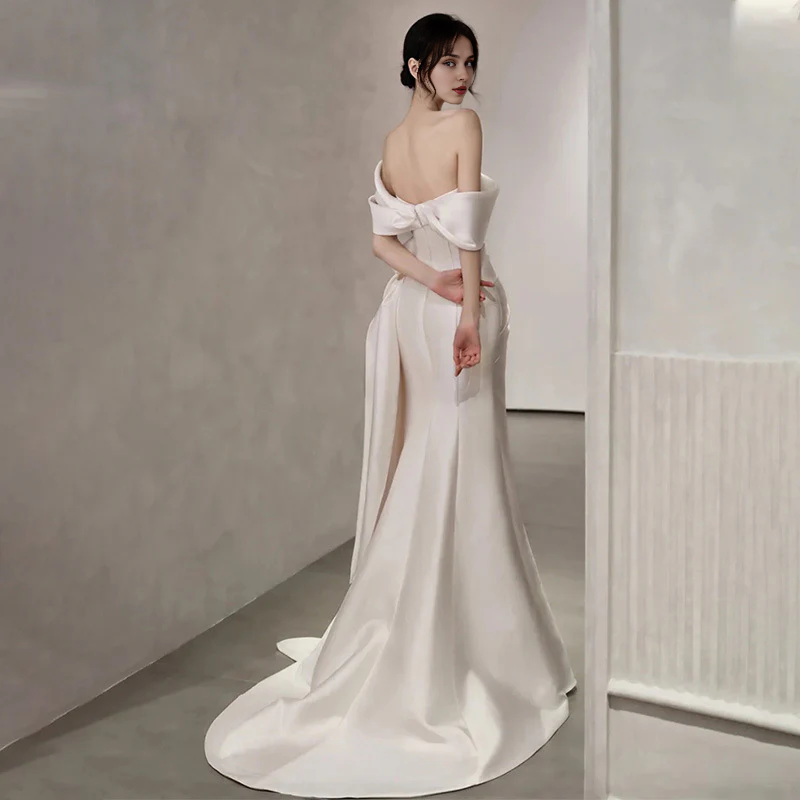 Wedding Dress Sleeveless Off Shoulder Satin Mermaid Cultivate oneself Side Fork Long Formal Wear Dresses