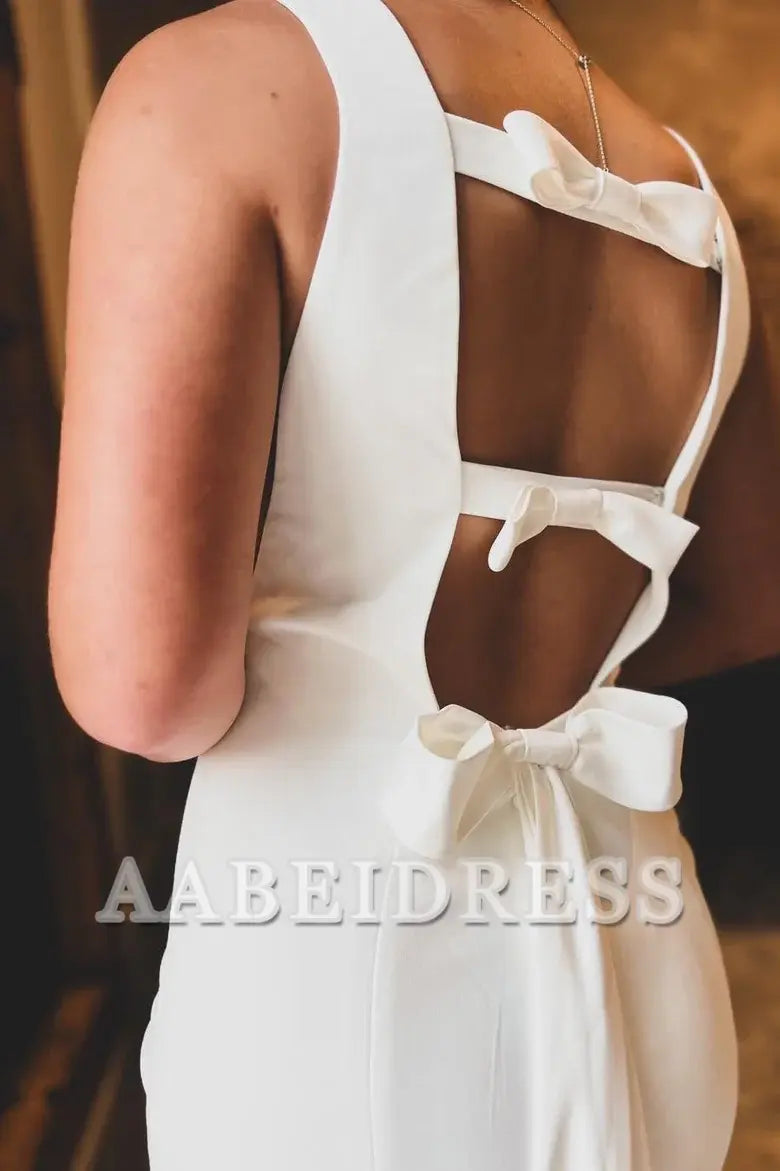AABEI DRESS High Quality Unique Wedding Dress Mermaid Sleeveless Bateau Cutout Back Bow Trumpet Long Sweep Train Formal Dresses