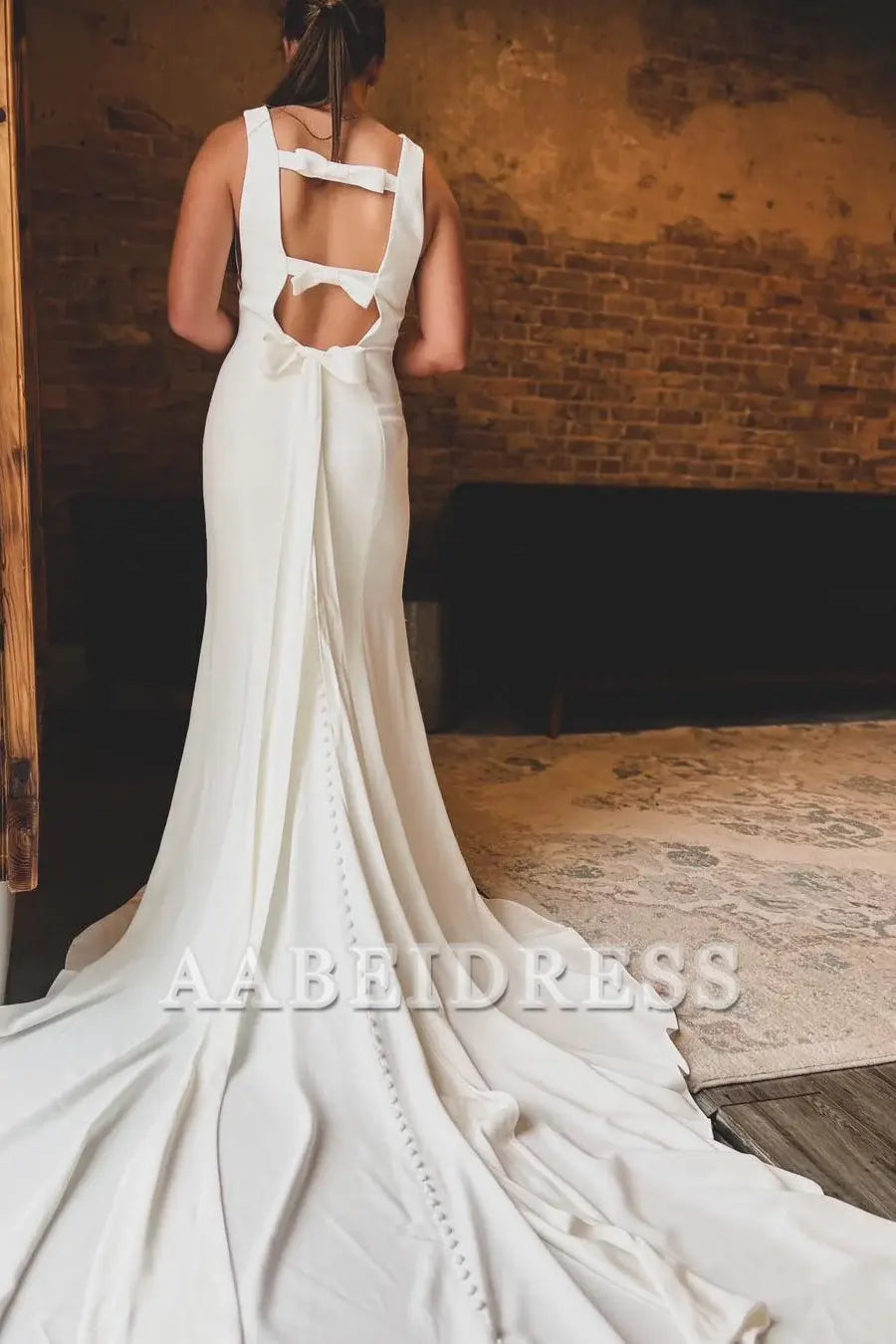 AABEI DRESS High Quality Unique Wedding Dress Mermaid Sleeveless Bateau Cutout Back Bow Trumpet Long Sweep Train Formal Dresses