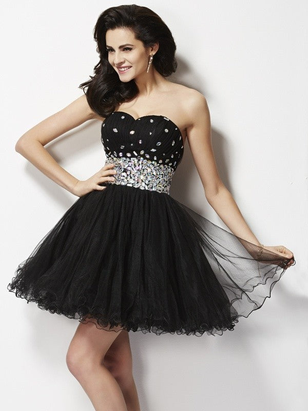 A-Line/Princess Sweetheart Sleeveless Beading Sequin Short Woven Satin Homecoming Dresses