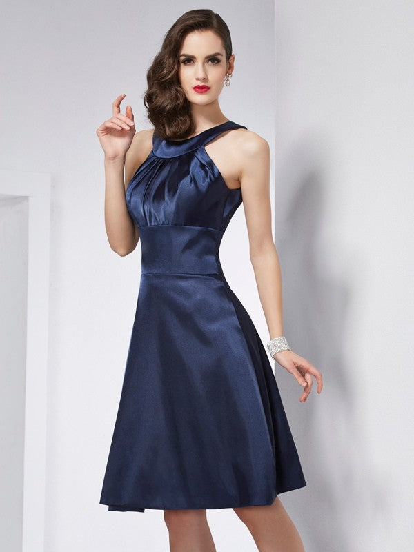 A-Line/Princess Scoop Sleeveless Pleats Short Woven Satin Bridesmaid Dresses