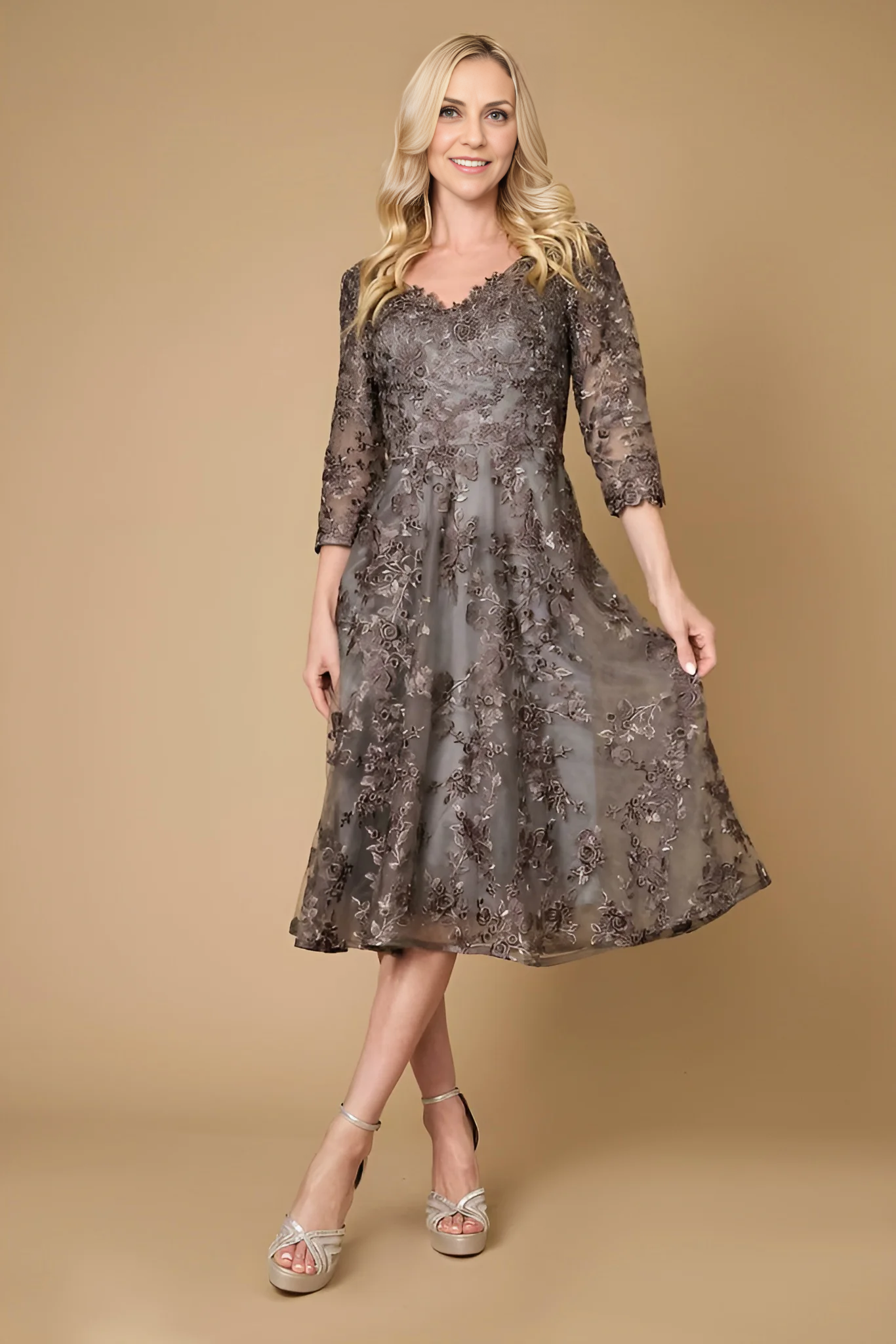 AABEI DRESS Formal Wear Dresse Fashion V Neck 3/4 Sleeve Lace Tea-Length Exquisite Mother Of The Bride Dress