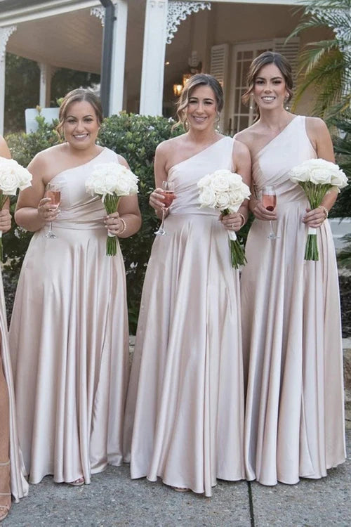 Bridesmaid Dress One Shoulder A-line Satin Long with Slit