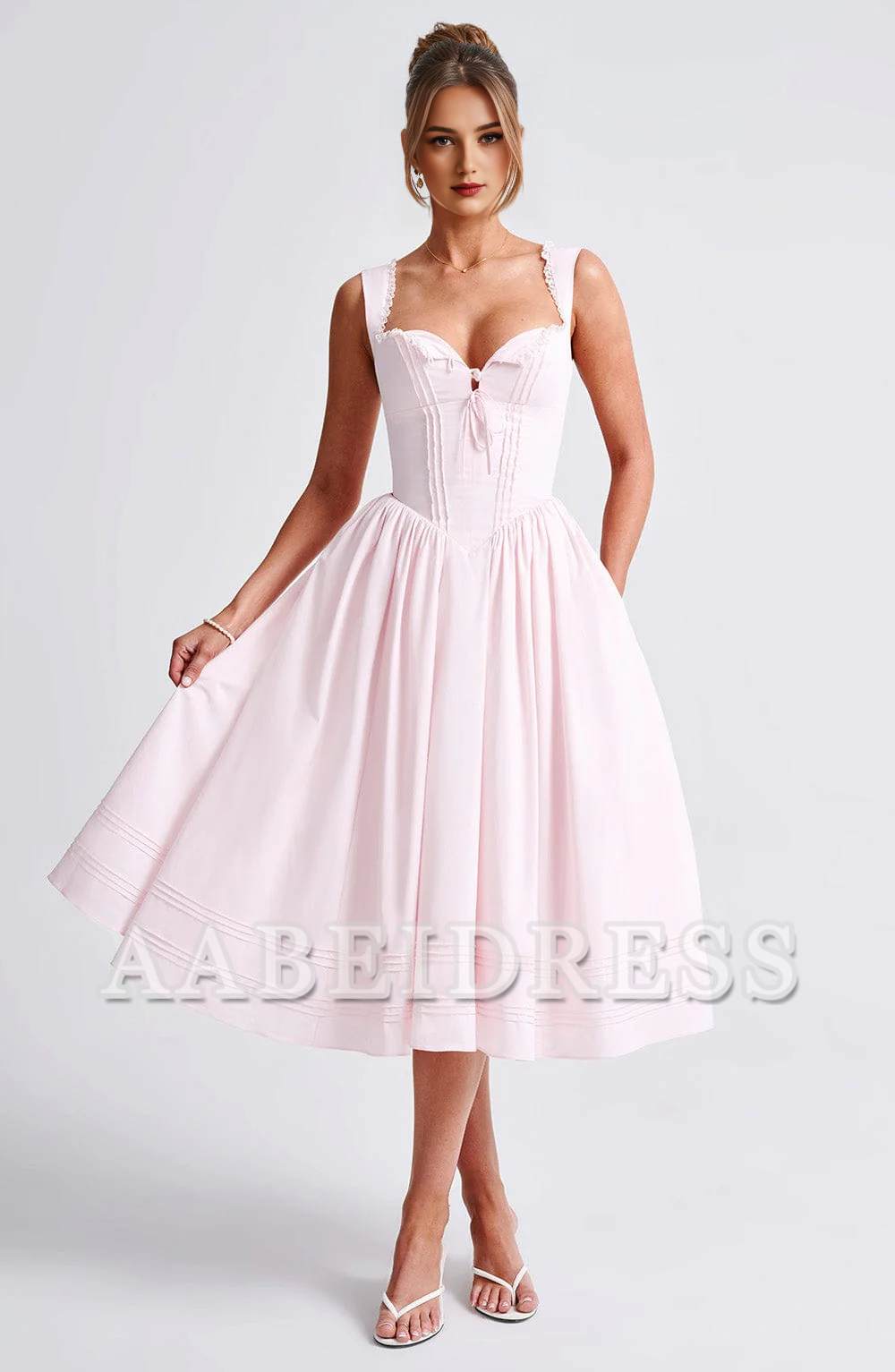 Formal Wear Dresses Bridesmaid Dresses Lace Trim Square Neckline Lace up sweet Midi Dress Wedding Guests Dresses