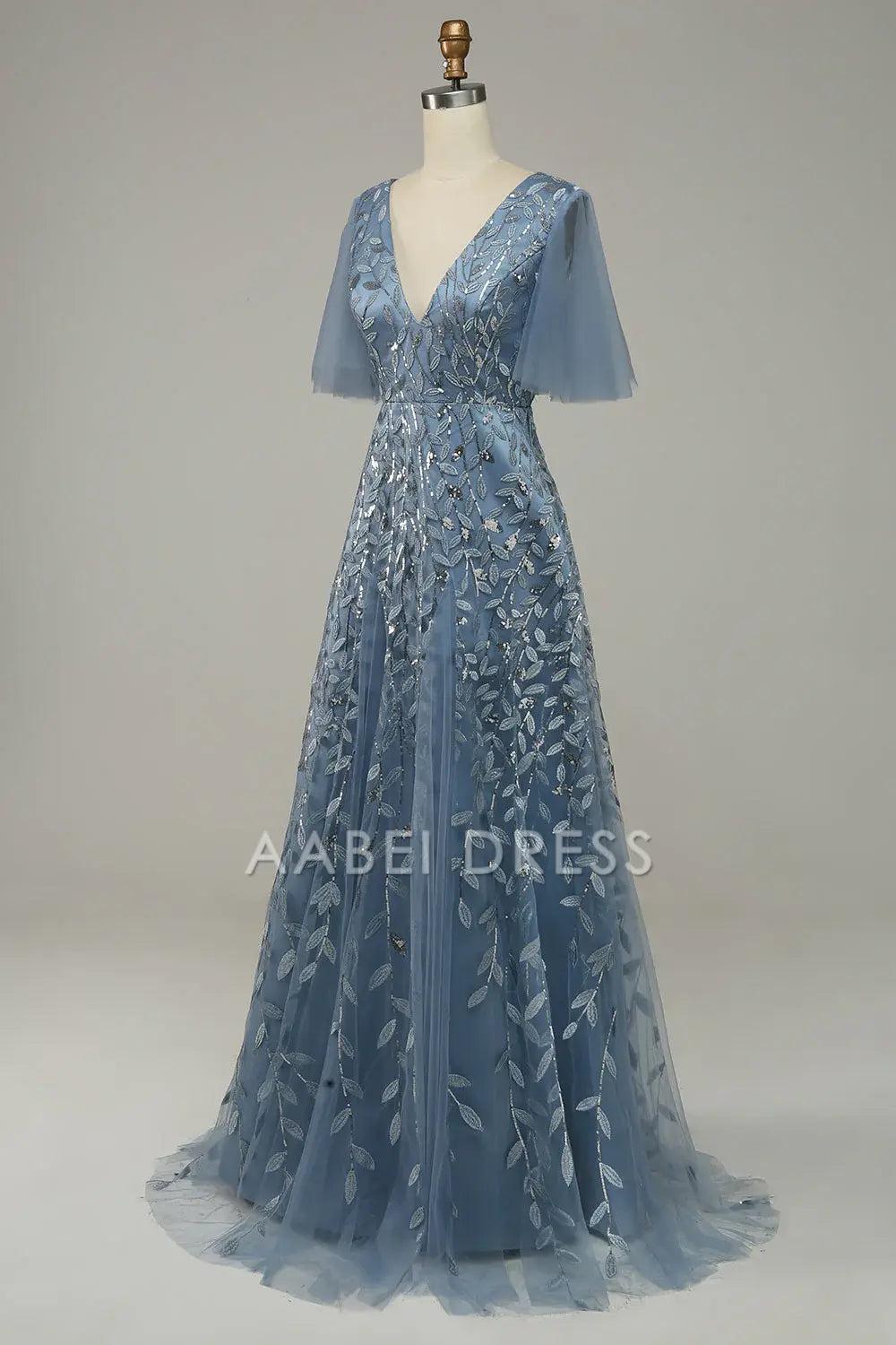 AABEI DRESS Hot Sale Prom Dress Exquisite V Neck Flowing Sleeves Tulle Embroidered Leaves Fashion Formal Dress