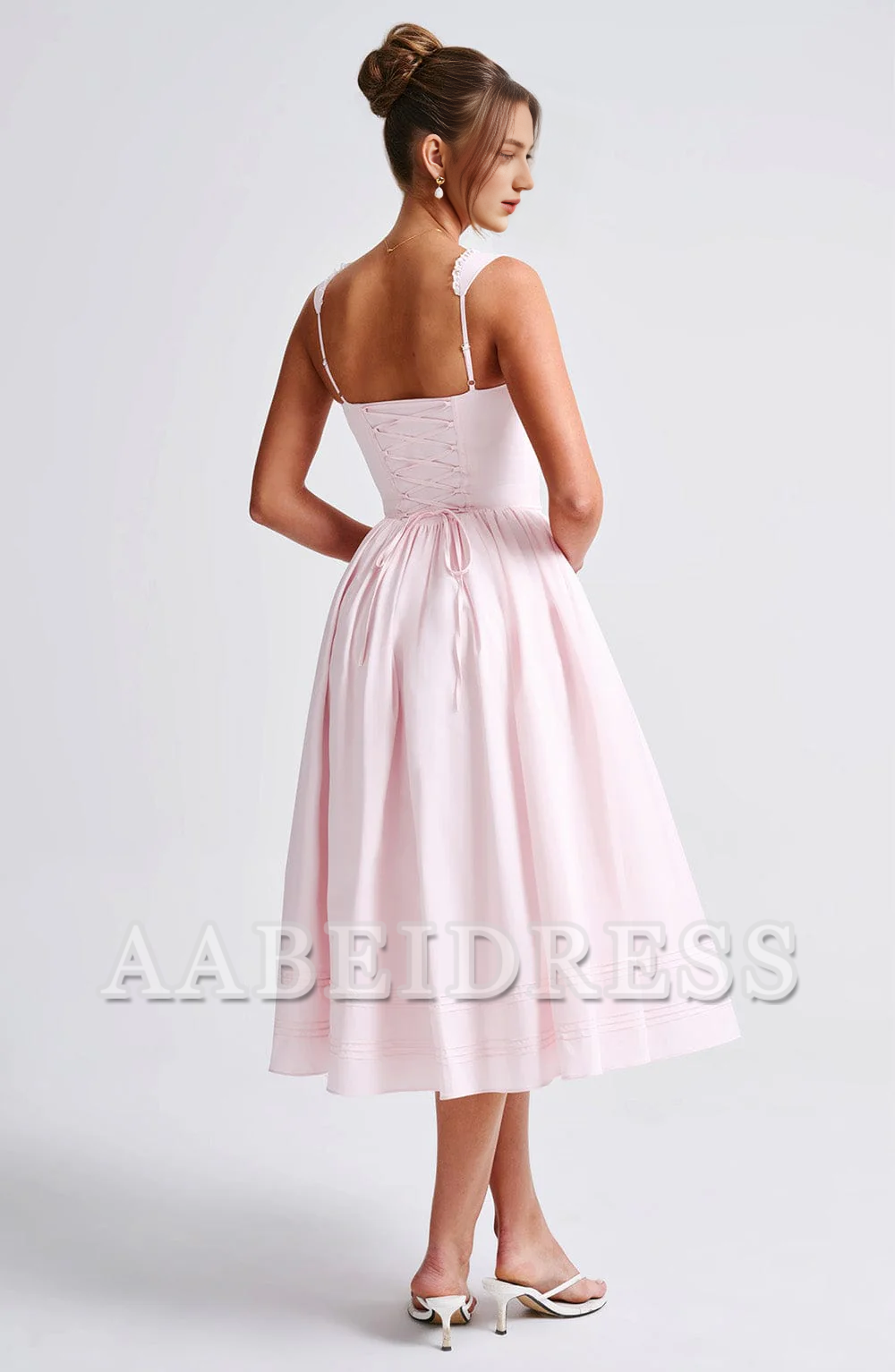 Formal Wear Dresses Bridesmaid Dresses Lace Trim Square Neckline Lace up sweet Midi Dress Wedding Guests Dresses