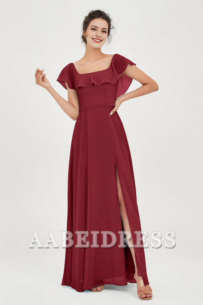 AABEI DRESS Bridesmaid Dresses Chiffon A-Line Square Neckline Flutter Sleeves Ruffle Side Fork Elegant Simple Wedding Guests Dresse