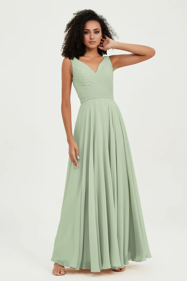 AABEI DRESS Bridesmaid Dresses Chiffon A-Line V-Neck Pleated Sleeveless Floor-Length Elegant Simple Wedding Guests Dresse