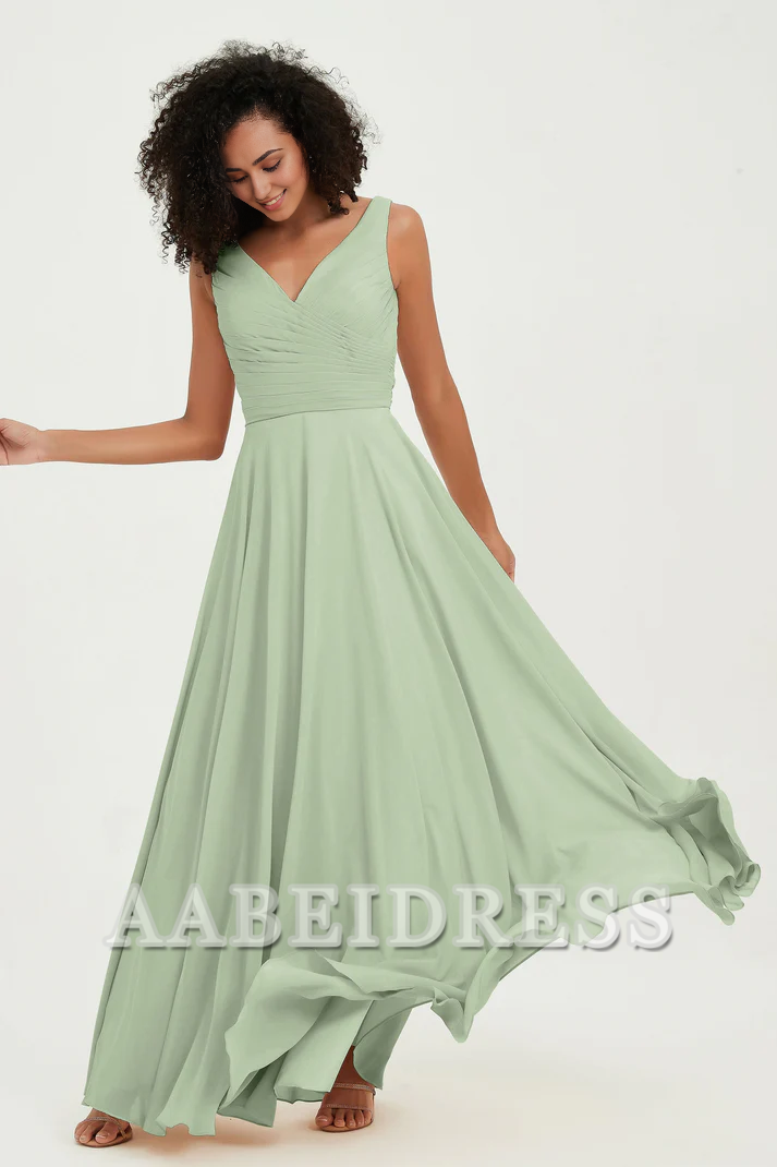 AABEI DRESS Bridesmaid Dresses Chiffon A-Line V-Neck Pleated Sleeveless Floor-Length Elegant Simple Wedding Guests Dresse