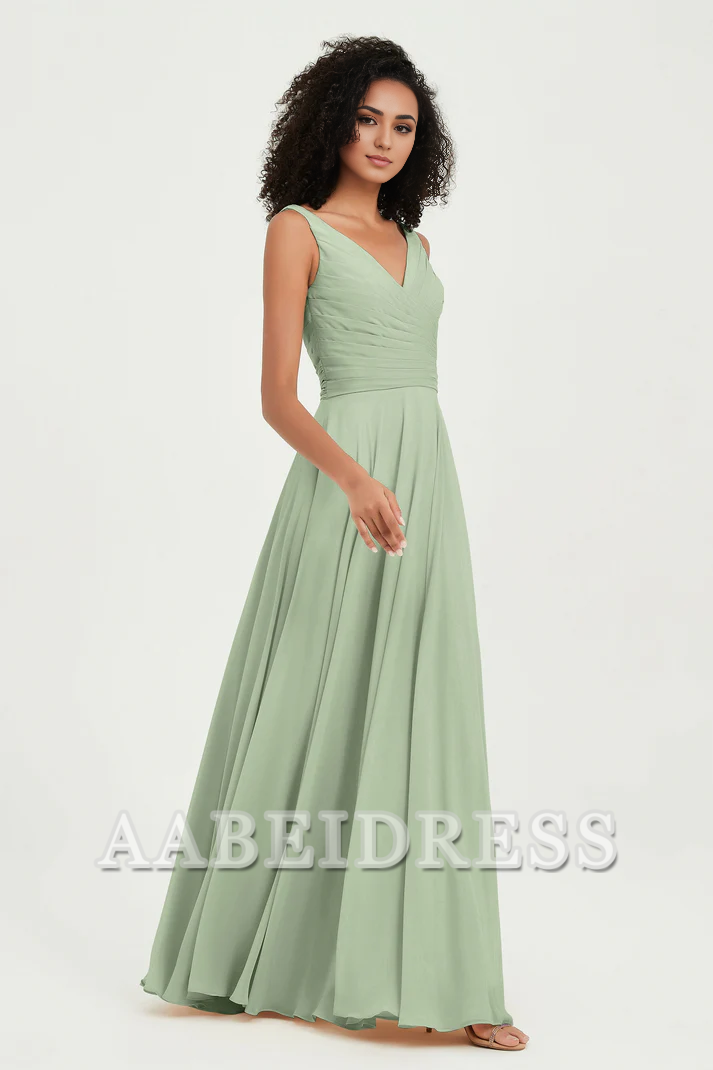 AABEI DRESS Bridesmaid Dresses Chiffon A-Line V-Neck Pleated Sleeveless Floor-Length Elegant Simple Wedding Guests Dresse