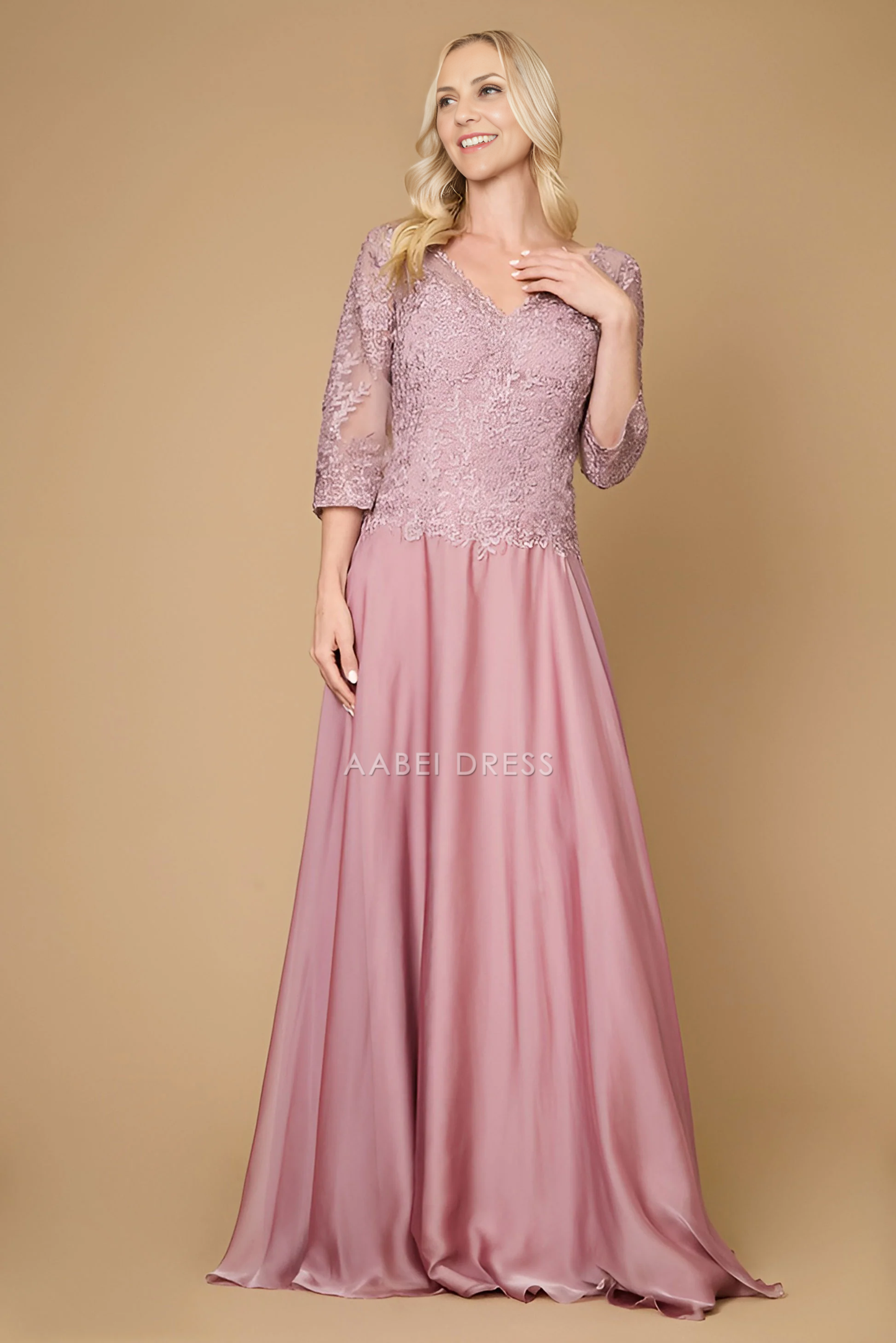 AABEI DRESS Formal Wear Dresse Fashion A Line Long Sleeve V Neck Lace Dress Exquisite Long Mother Of The Bride Dress