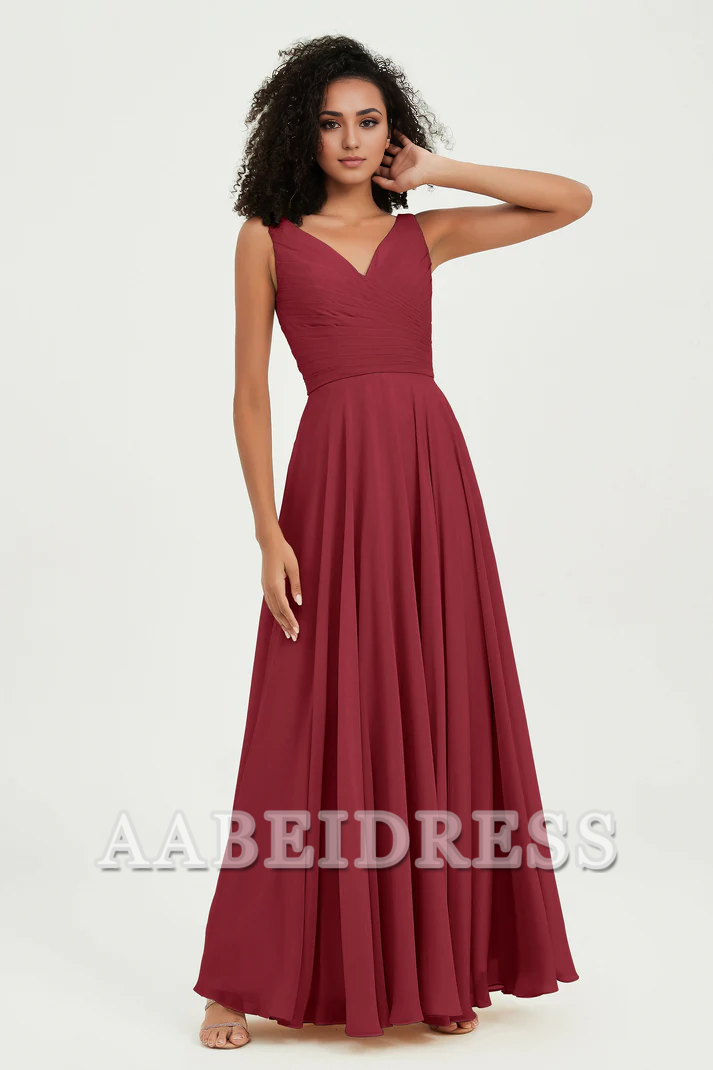 AABEI DRESS Bridesmaid Dresses Chiffon A-Line V-Neck Pleated Sleeveless Floor-Length Elegant Simple Wedding Guests Dresse