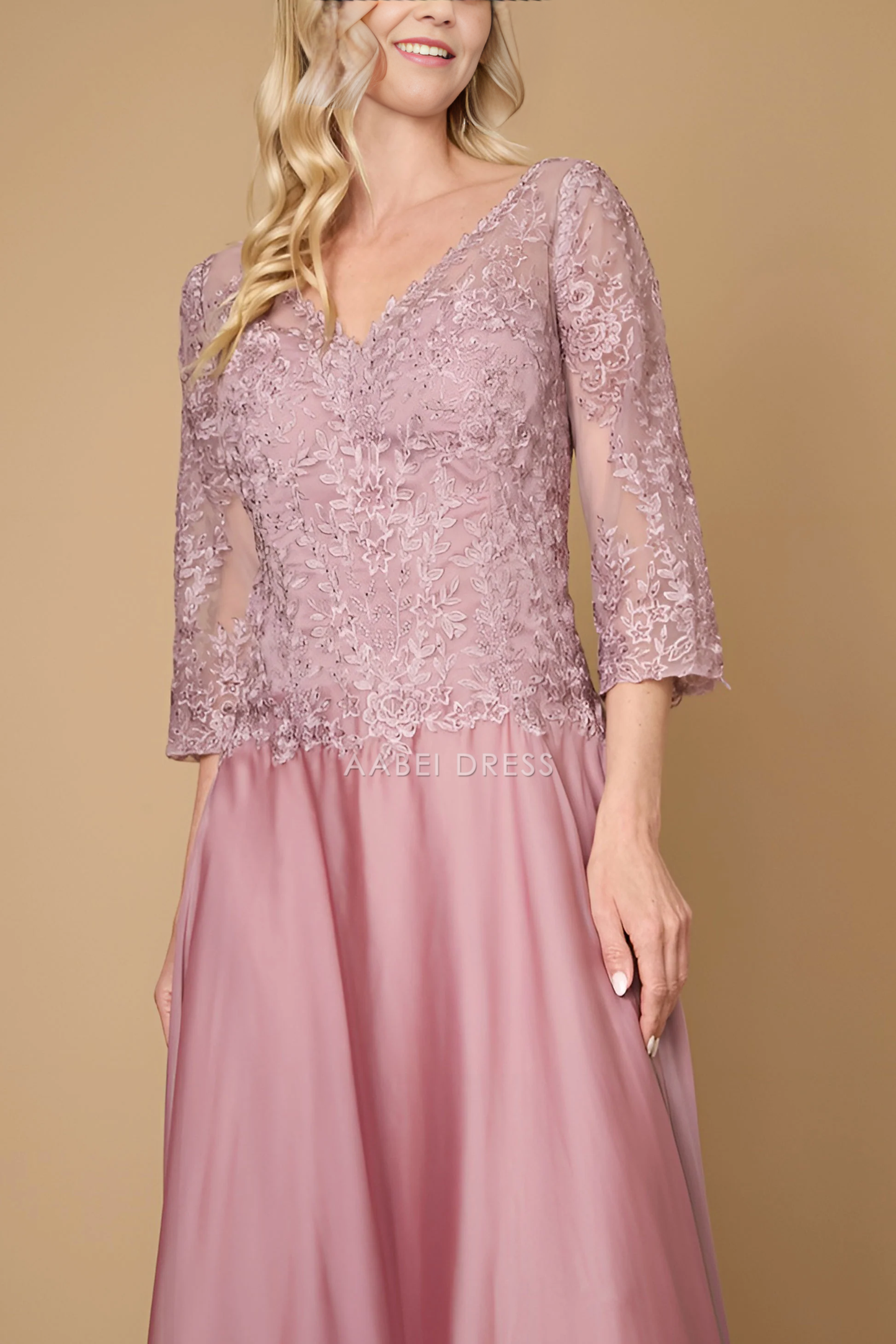 AABEI DRESS Formal Wear Dresse Fashion A Line Long Sleeve V Neck Lace Dress Exquisite Long Mother Of The Bride Dress
