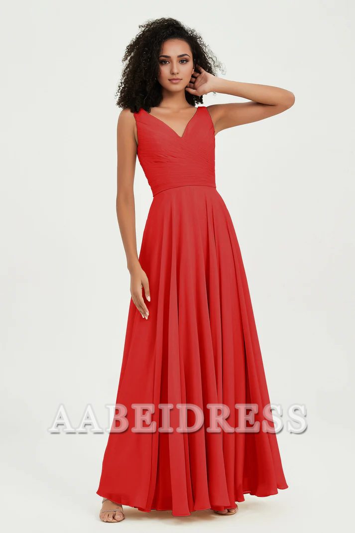 AABEI DRESS Bridesmaid Dresses Chiffon A-Line V-Neck Pleated Sleeveless Floor-Length Elegant Simple Wedding Guests Dresse