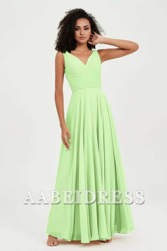 AABEI DRESS Bridesmaid Dresses Chiffon A-Line V-Neck Pleated Sleeveless Floor-Length Elegant Simple Wedding Guests Dresse