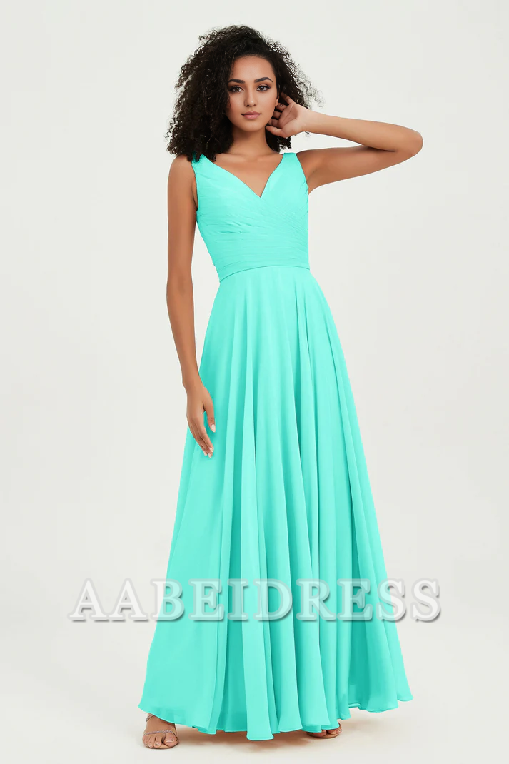 AABEI DRESS Bridesmaid Dresses Chiffon A-Line V-Neck Pleated Sleeveless Floor-Length Elegant Simple Wedding Guests Dresse