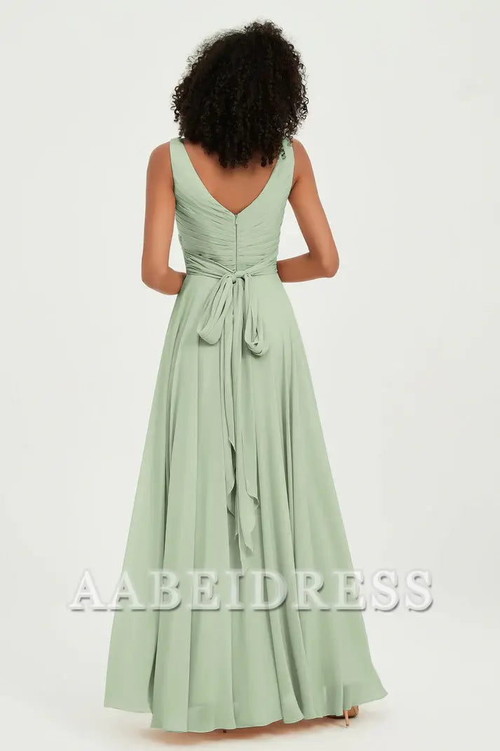 AABEI DRESS Bridesmaid Dresses Chiffon A-Line V-Neck Pleated Sleeveless Floor-Length Elegant Simple Wedding Guests Dresse