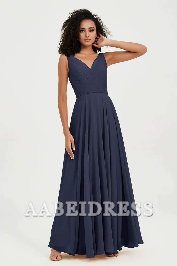 AABEI DRESS Bridesmaid Dresses Chiffon A-Line V-Neck Pleated Sleeveless Floor-Length Elegant Simple Wedding Guests Dresse