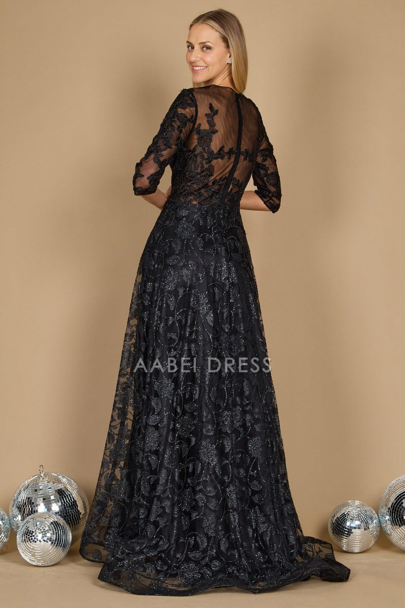 AABEI DRESS Formal Wear Dresse Exquisite A Line Round Neck 3/4 Sleeve Sparkling Lace Appliques Fashion Retro Long Mother Of The Bride Dress