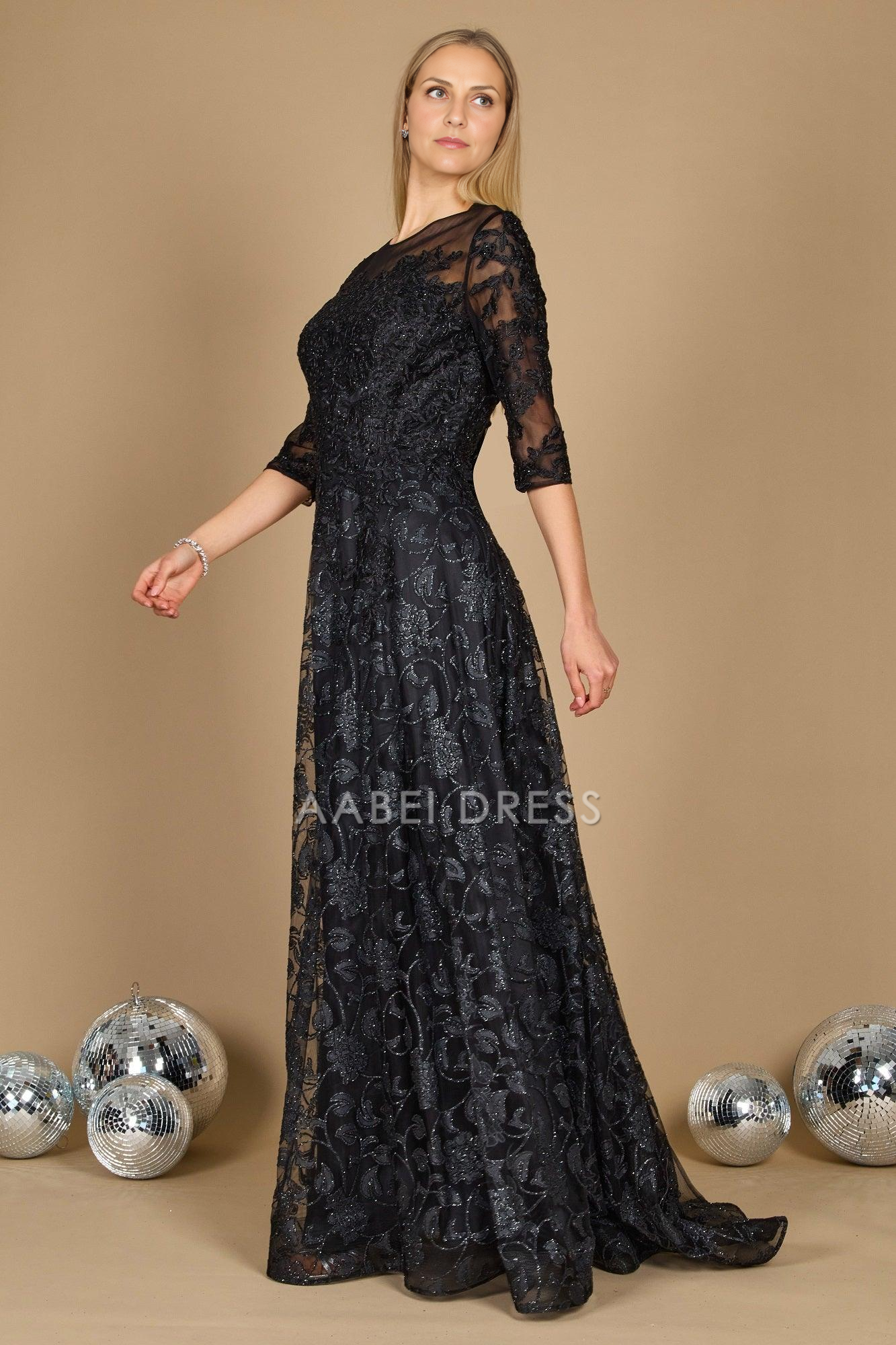 AABEI DRESS Formal Wear Dresse Exquisite A Line Round Neck 3/4 Sleeve Sparkling Lace Appliques Fashion Retro Long Mother Of The Bride Dress