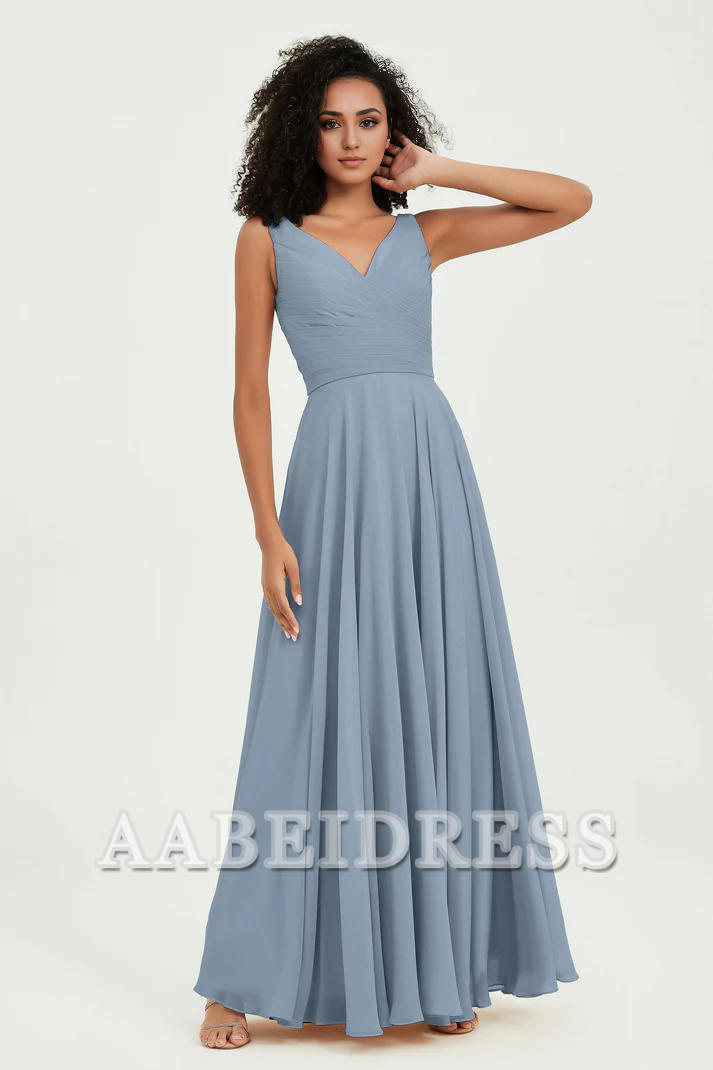 AABEI DRESS Bridesmaid Dresses Chiffon A-Line V-Neck Pleated Sleeveless Floor-Length Elegant Simple Wedding Guests Dresse