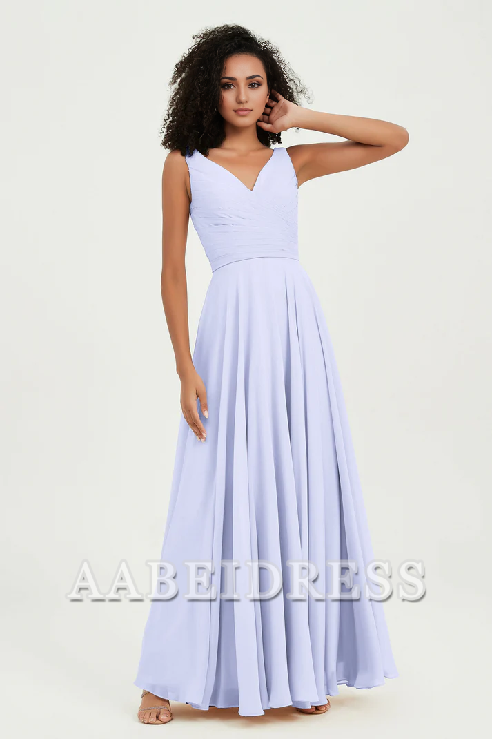 AABEI DRESS Bridesmaid Dresses Chiffon A-Line V-Neck Pleated Sleeveless Floor-Length Elegant Simple Wedding Guests Dresse