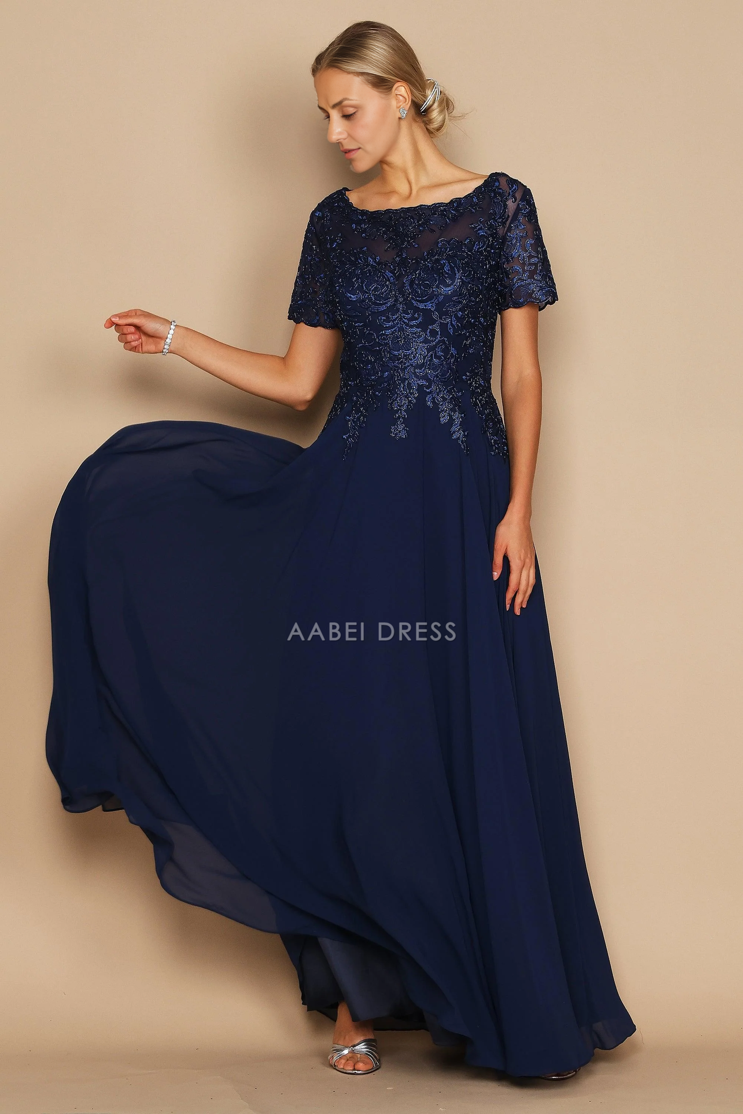 AABEI DRESS Formal Wear Dresse Exquisite A Line Round Neck Short Sleeve Lace Appliques Fashion Retro Long Mother Of The Bride Dress