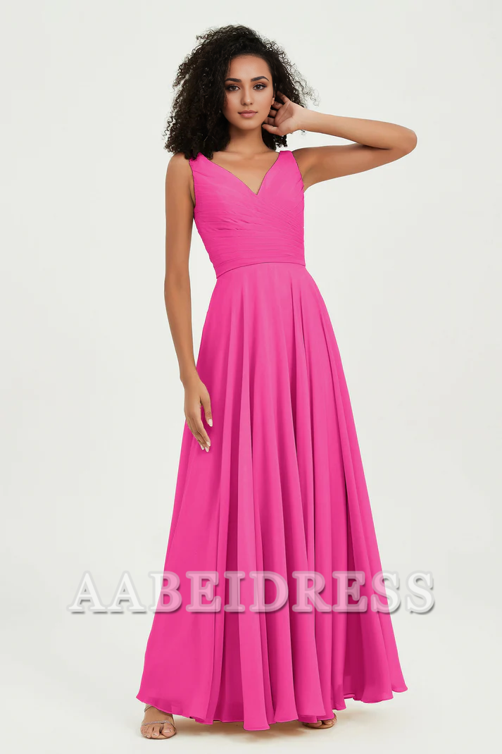 AABEI DRESS Bridesmaid Dresses Chiffon A-Line V-Neck Pleated Sleeveless Floor-Length Elegant Simple Wedding Guests Dresse