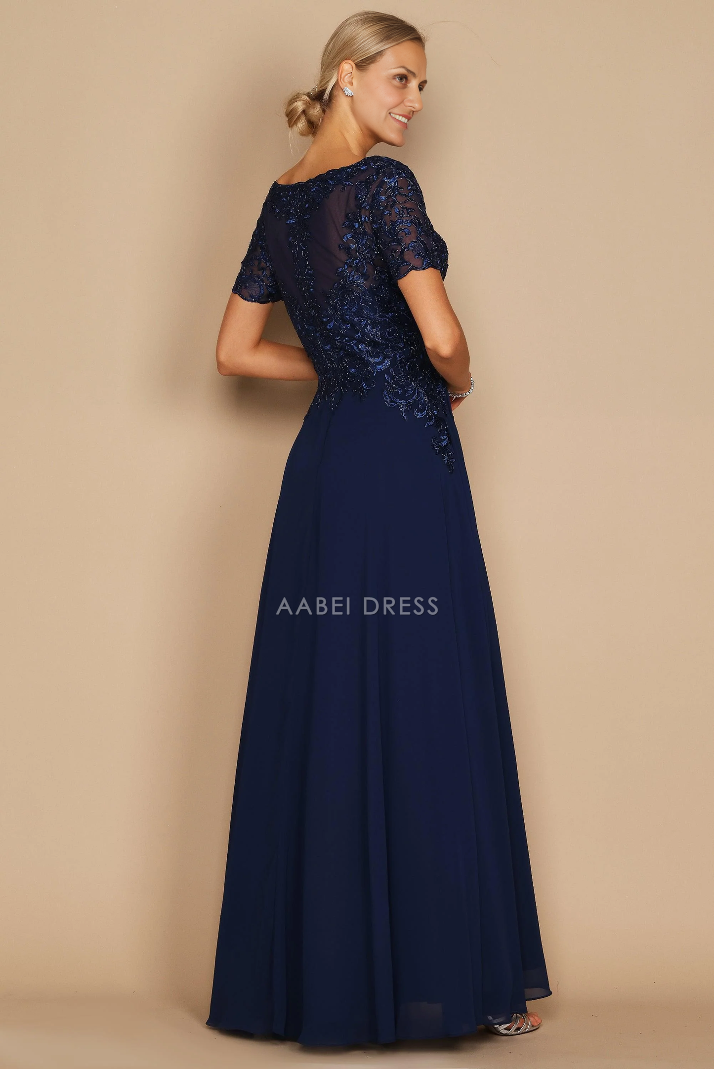 AABEI DRESS Formal Wear Dresse Exquisite A Line Round Neck Short Sleeve Lace Appliques Fashion Retro Long Mother Of The Bride Dress