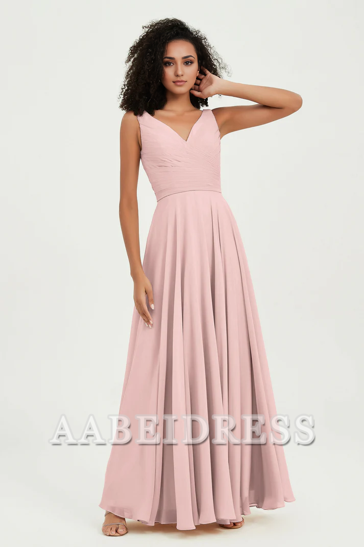 AABEI DRESS Bridesmaid Dresses Chiffon A-Line V-Neck Pleated Sleeveless Floor-Length Elegant Simple Wedding Guests Dresse