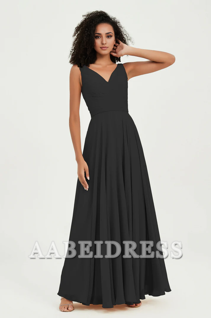 AABEI DRESS Bridesmaid Dresses Chiffon A-Line V-Neck Pleated Sleeveless Floor-Length Elegant Simple Wedding Guests Dresse