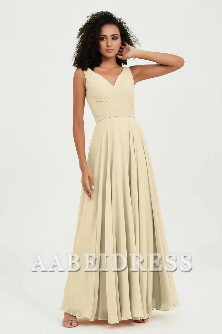 AABEI DRESS Bridesmaid Dresses Chiffon A-Line V-Neck Pleated Sleeveless Floor-Length Elegant Simple Wedding Guests Dresse