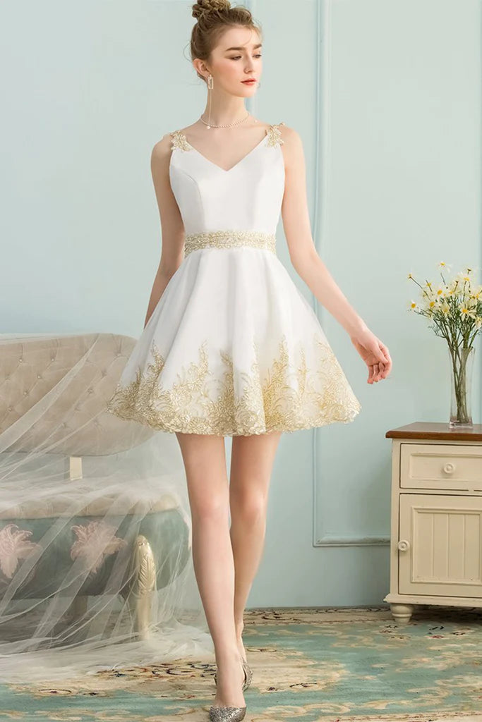 A-Line V-Neck Appliques Short White Satin Homecoming Dress – Aabei Dress