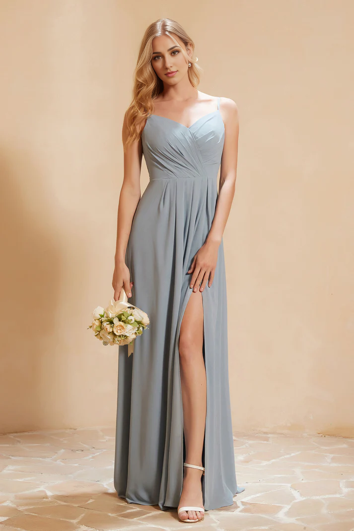 AABEI DRESS Bridesmaid Dresses Chiffon A-Line Sweetheart Spaghetti Straps Pleated Side Fork Floor-Length Elegant Simple Wedding Guests Dresse