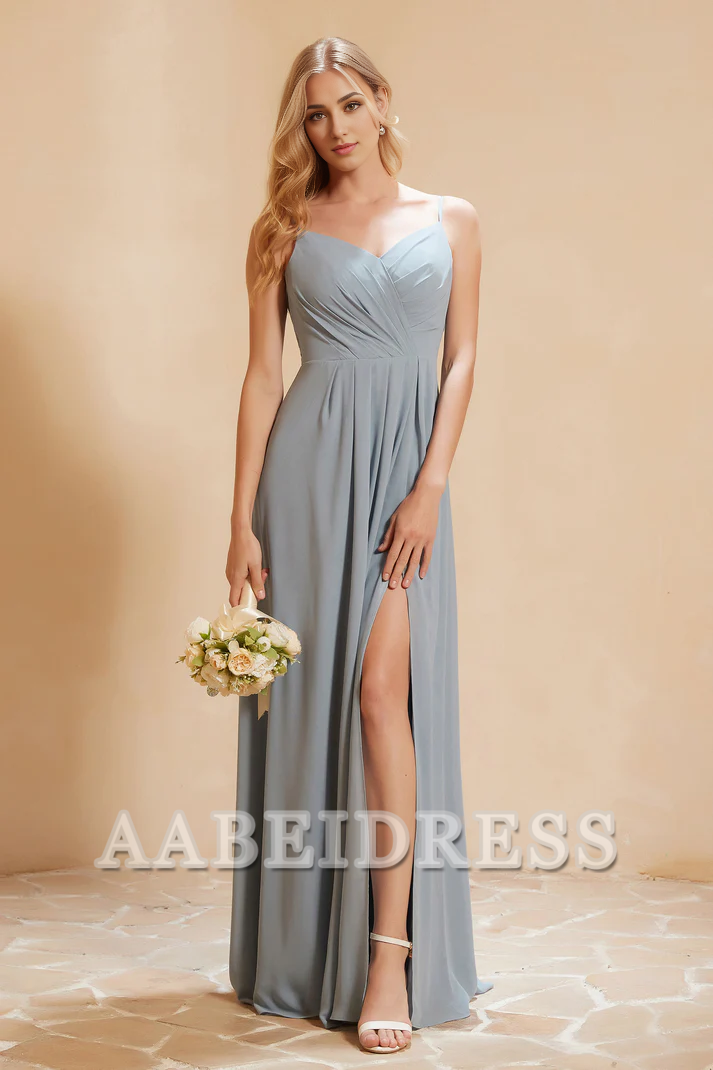 AABEI DRESS Bridesmaid Dresses Chiffon A-Line Sweetheart Spaghetti Straps Pleated Side Fork Floor-Length Elegant Simple Wedding Guests Dresse