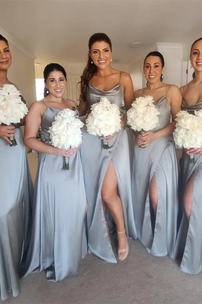Bridesmaid Dress Straps Cowl Neck Satin Long with Slit