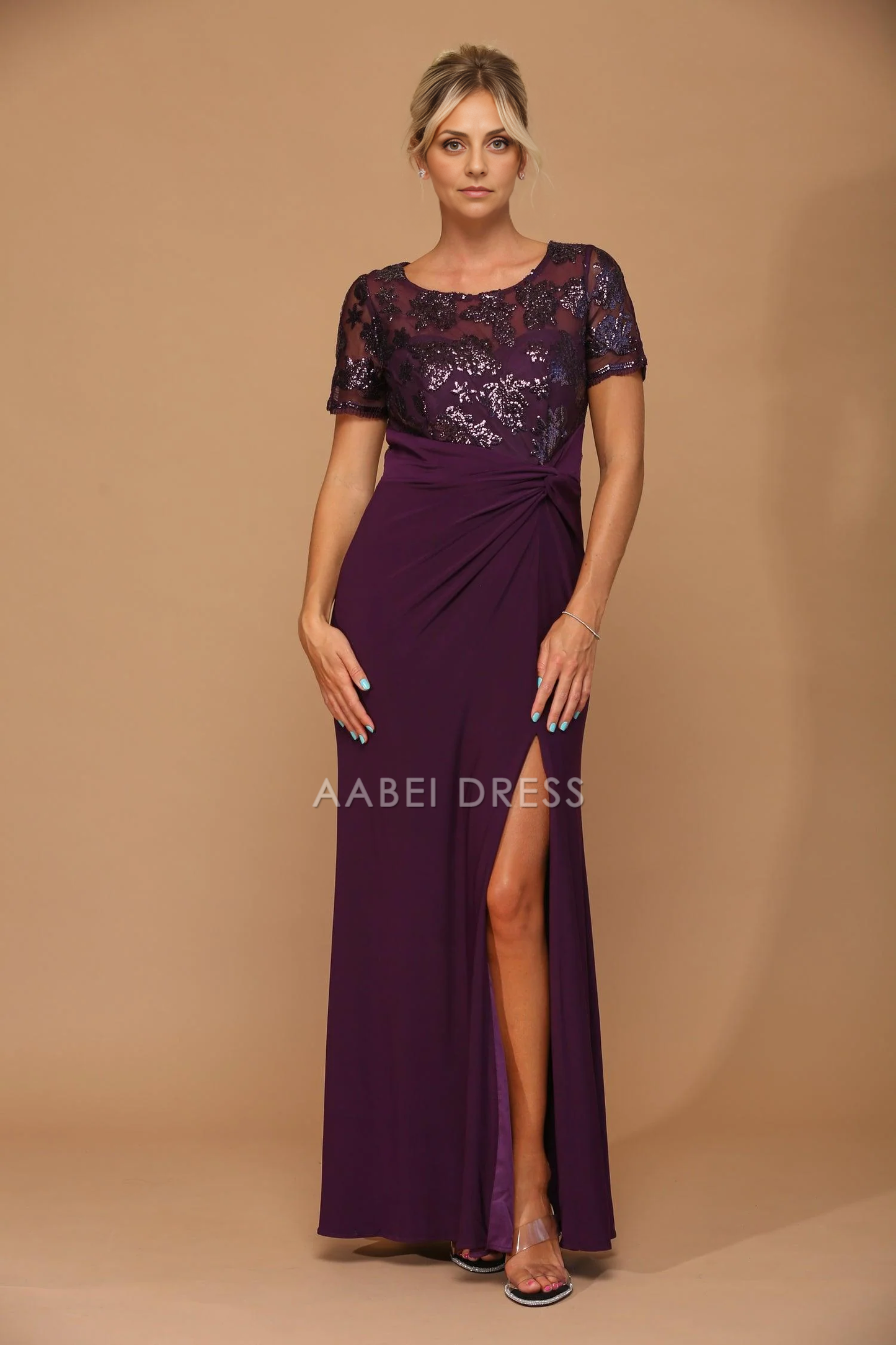 AABEI DRESS Formal Wear Dresse Modest Round Neck Short Sleeve Sexy High Slit Beautiful Mother Of The Bride Dress
