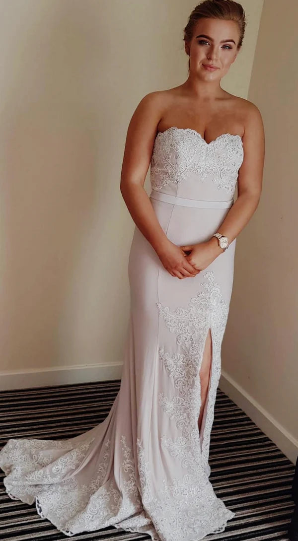 Lace Off Shoulder Sweetheart Side Fork Formal Elegant Bridesmaid Dress