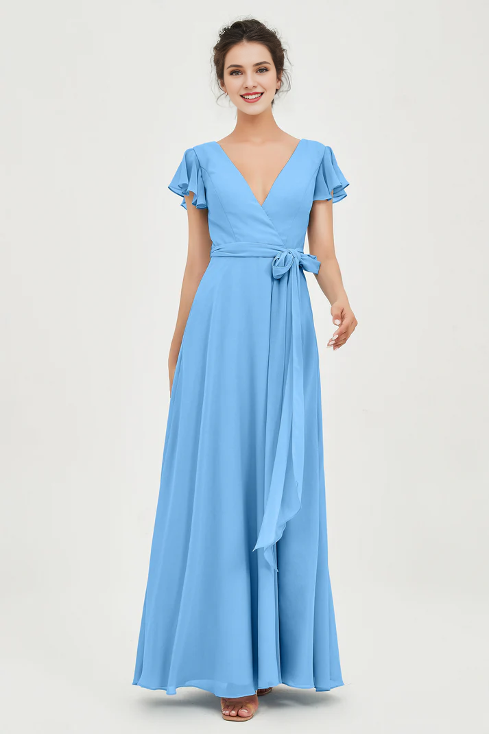 AABEI DRESS Bridesmaid Dresses Chiffon A-Line V-neck Flutter Sleeves Pleated Lace up Floor-Length Elegant Simple Wedding Guests Dresse